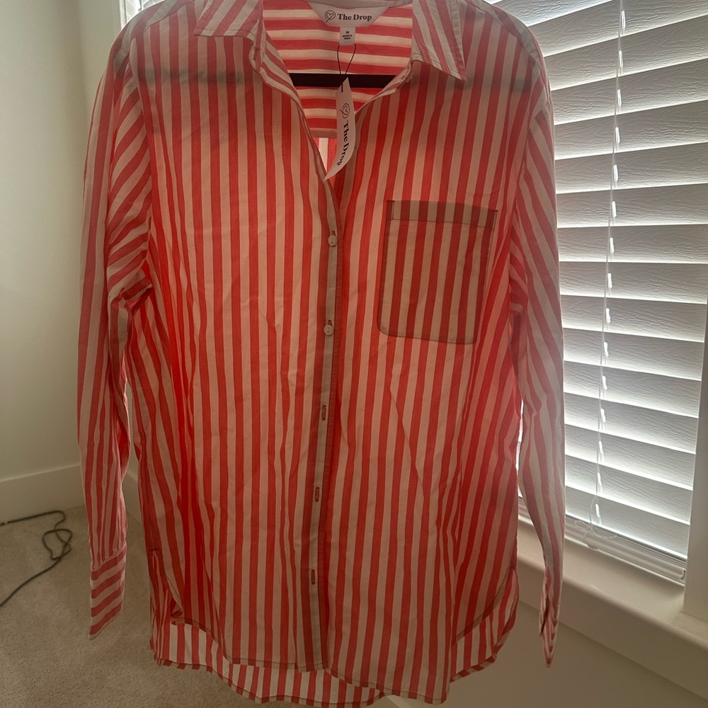 Pink and White Button Down Shirt with Long Sleeves